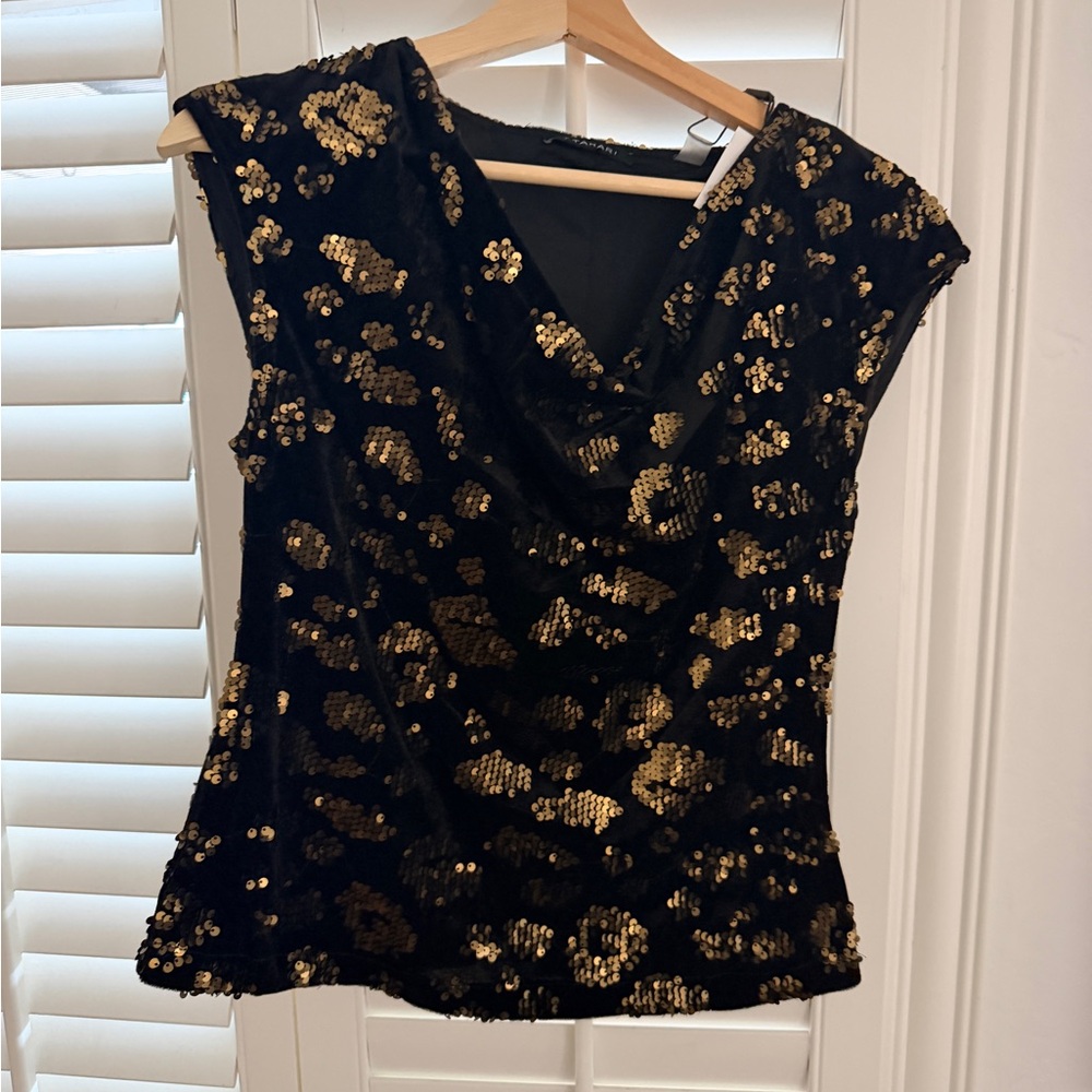 NWT Tahari Black and Gold Sequin Cowl Neck Camisole